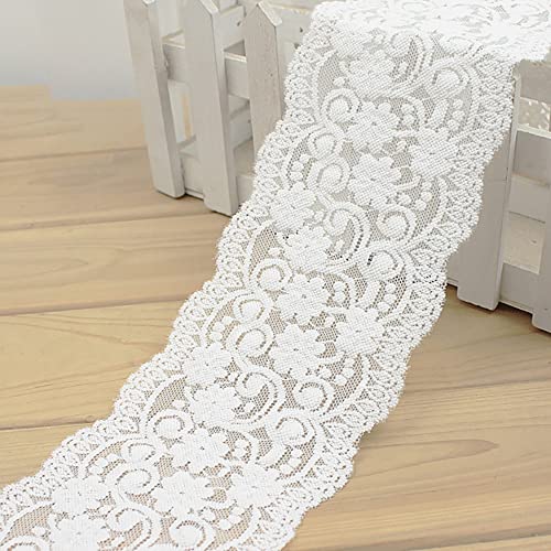 Blausky 10cm x 10m Elastizität Spitzenborte,Spitzenband Stretch Spitze Blume Borte,Breiter Dekorativ Spitzenstoff,Hochzeit Lace Trim Deko Band zum Nähen,für DIY Handwerk Dessous Tischdekoration,Weiß von Blausky