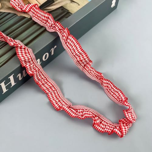 Blausky 10yards 2cm Elastische Kariertes Band,Schleifenband mit Rüschen,Spitzenborte Geschenkband Karoband Dekoband zum Verzieren,Nähen & Basteln für Kleidung Unterwäsche Haarschmuck,Rot von Blausky