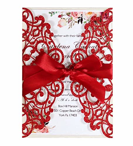 Blausky 12 Stück Glitzer Einladungskarten inkl. Umschlägen zum Hochzeit,Elegant Papier Einladungen Karte Partyeinladungen Geburtstagseinladungen Einladung mit Satinschleife für Feier,Rot Blausky 12 Stück Glitzer Einladungskarten inkl. Umschlägen zum Hochzeit,Elegant Papier Einladungen Karte Partyeinladungen Geburtstagseinladungen Einladung mit Satinschleife für Feier,Rot von Blausky