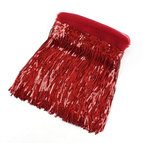 Blausky 20cm x 1 Yard Spitzenfransenbesatz mit Pailletten,Pailletten-Ketten-Fransenborte Fransenbesatz Paillettenquasten zum Nähen,für Lateinisches Kleid Glitzer Rock Karneval Fransen Rock,Rot von Blausky