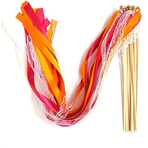 Blausky 30 Stück Feenstäbe,Spitze Ribbon Zauberstäbe Wedding Wands Hochzeit Luftschlangen mit Glocken,Wedding Twirling Streamers Spitzenfeenstab für Hochzeit,Weihnachten Party Urlaub Feiern,Orange von Blausky