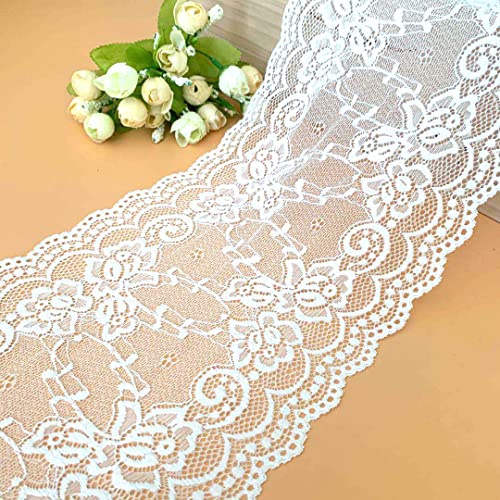 Blausky 5 Yards Elastizität Spitzenborte,Breites Stoff Spitzenband,Zierband Stretch Spitze Blume Borte,für Stirnbänder Dessous Strumpfbänder Hochzeit Bouquet Machen,18 cm Breite,Weiß von Blausky