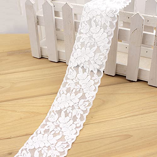 Blausky 5.7 cm x 10 m Elastizität Spitzenband,Spitzenbordüre,Spitzenborte,Spitzen Borten Bänder zum Nähen,Breiter Dekorativ Spitzenstoff Tüll Spitze für Dessous Hochzeitskleid Hochzeit Dekor,Weiß von Blausky