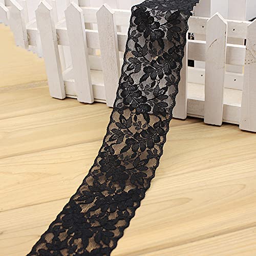 Blausky 5.7 cm x 10 m Elastizität Spitzenband,Spitzenbordüre,Spitzenborte,Spitzen Borten Bänder zum Nähen,Breiter Dekorativ Spitzenstoff Tüll Spitze für Dessous Hochzeitskleid Hochzeit Dekor,Schwarz von Blausky