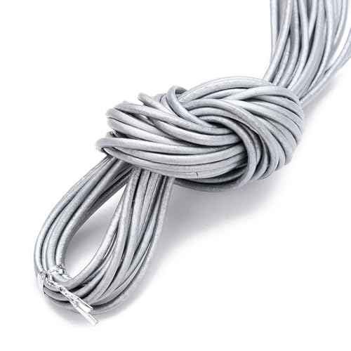 Blausky Lederband aus echt Leder,Rund Lederschnur Rindsleder Lederrieme Reißfeste LederschnurBasteln Lederbänder Natur Echtlederband für Armband Schlüsselband Schmuck,Silber,1mm x 10yards von Blausky