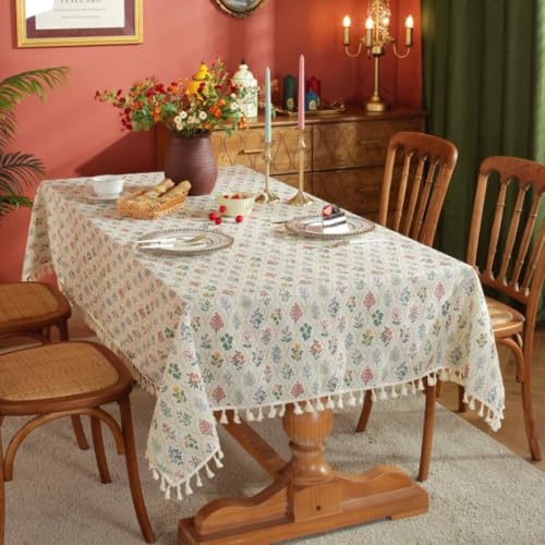 Blausky Leinen Tischdecke,Abwaschbar Tischwäsche mit Quaste Tischtuch Fransen Leinendecke Leinenoptik Fleckschutz für Camping Hochzeiten Geburtstag Party Garten Dekor,Blume,90x90cm von Blausky