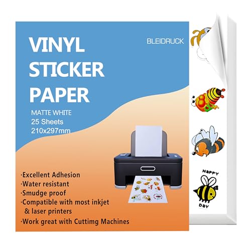 25 Blätter Vinylfolie Sticker Papier zum Bedrucken, A4 Abnehmbar Aufkleber Selbstklebend Wasserfest für Laser und Tintenstrahldrucker Drucker von Bleidruck