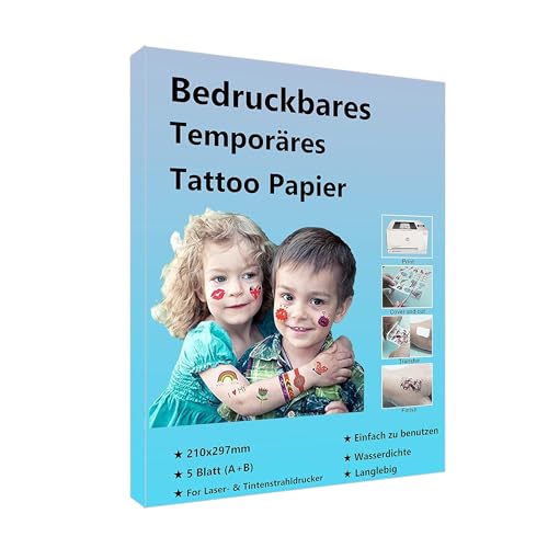 5 Blätter A4 Größe Transfer Tattoo Abziehbild Papier Bedruckbares temporäres Tattoo Papier für Inkjet & Laser Drucker, DIY Ihr Bild Transfer Blatt für Haut von Bleidruck