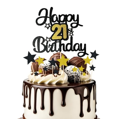 Bliceon 21ts Birthday Cake Toppers - Schwarz und Gold Glitzer Dekorationen mit Sternen, 21 Jahre alt Geburtstag Party Kuchen Topper für Männer und Frauen von Bliceon