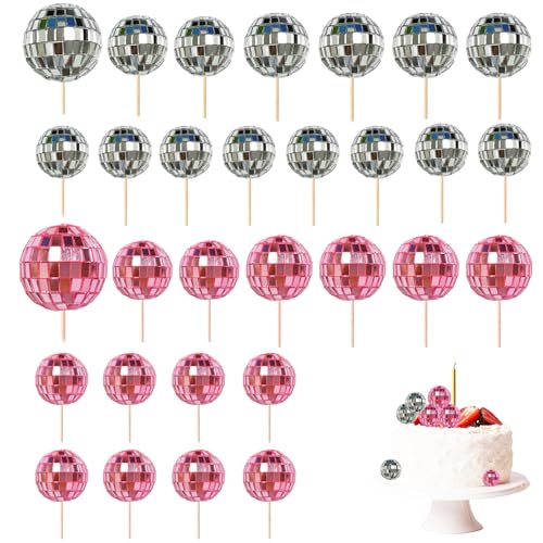 Bliceon 30 Stück Discokugel-Cupcake-Topper, 70er-Jahre-Retro-Kuchendekorationen, Mini-Disco-Kugel-Kuchenaufsätze, Dekorieren von Mini-Discokugeln mit Bambusstäben, geeignet für von Bliceon