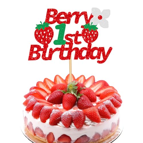 Bliceon Erdbeere Tortendeko, Glitzer Happy Birthday Strawberry Kuchen Deko, Früchte Cake Topper für Kinder Jungen Mädchen Geburtstag Baby Dusche Party Supplies (1) von Bliceon