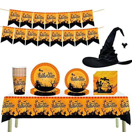 BlinBlin Halloween Geschirr Set Halloween-Party-Dekorationen Happy Halloween Partygeschirr Set Enthalten Fledermaus-Zaubererhut Halloween-Pappteller, Tasse, Servietten, Tischdecke für 16 Gast (B) von BlinBlin