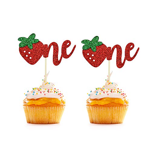 BlingABC 24 Stück Erdbeer-Cupcake-Topper, glitzernde Erdbeere, eine Kuchendekoration für 1 Jahr alt Geburtstag 1. Jahrestag, Erdbeer-Mottoparty-Dekorationen von BlingABC