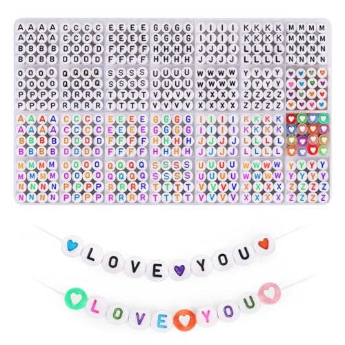 1850PCS Alphabet Perlen Set,Doppelte bunte A-Z Buchstabe Perlen, 28 Arten Alphabet Perlen für Armbänder machen, Herz Perlen für Freundschaft Armband Kit (white/color) von Blingfun