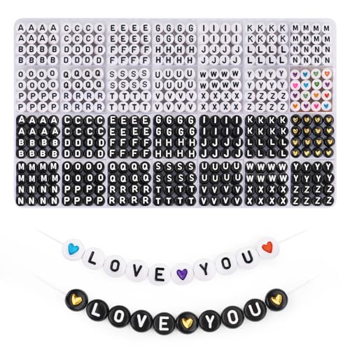 Blingfun 1850PCS Alphabet Perlen Set,Doppelte bunte A-Z Buchstabe Perlen, 28 Arten Alphabet Perlen für Armbänder machen, Herz Perlen für Freundschaft Armband Kit (white/black) von Blingfun