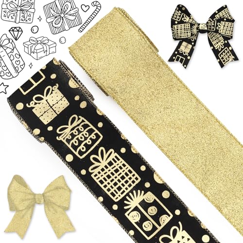 Blinket Goldfarbenes Glitzer-Geschenkbox-Muster, Weihnachtsband, schwarzes Drahtband, 6,3 cm x 4,5 m, dekoratives Band mit metallischem Rand zum Verpacken und Basteln von Blinket