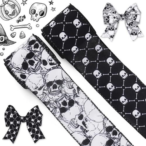 Blinket Halloween-Totenkopf-Band zum Basteln, gruseliges Skelett-Sackleinenband für Halloween-Kränze, Geschenkverpackungen, Party-Dekoration für drinnen und draußen, 6,3 cm x 4,5 m von Blinket