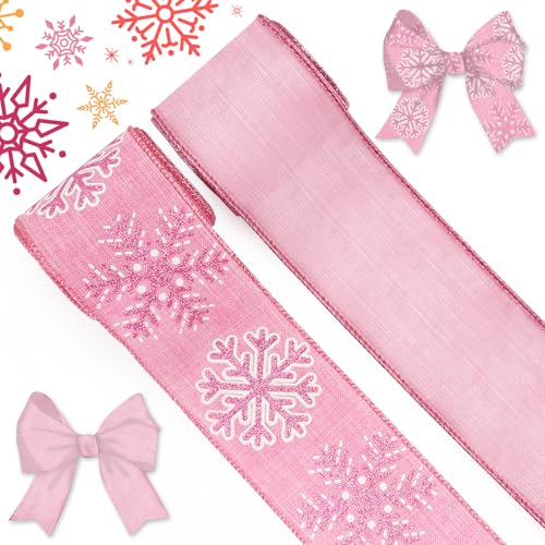 Blinket Pinkes Schleifenband mit Schneeflocken, 6,3 cm x 4,5 m, Glitzer-Schneeflocken-bedrucktes Drahtband für Weihnachtsbaumschleifen, Kränze und Urlaubsgeschenkverpackungen von Blinket