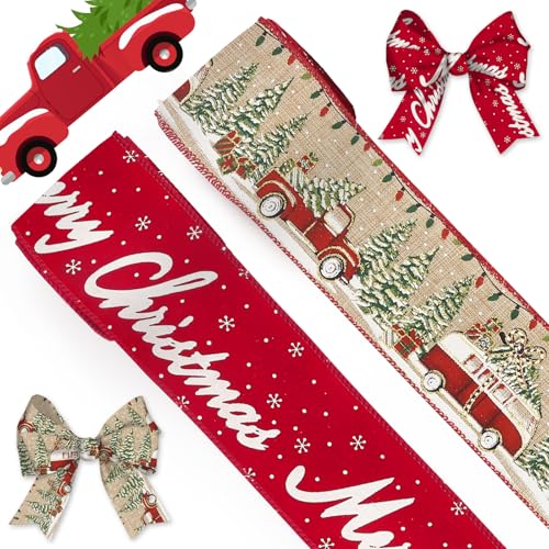 Blinket Rotes LKW-Band, Weihnachtsband, 6,3 cm x 4,5 m, verdrahtet, Jute/Leinenband mit Aufschrift "Merry Script" und festlichem LKW-Design für Weihnachtsbaum, Kränze, Geschenkverpackungen, von Blinket