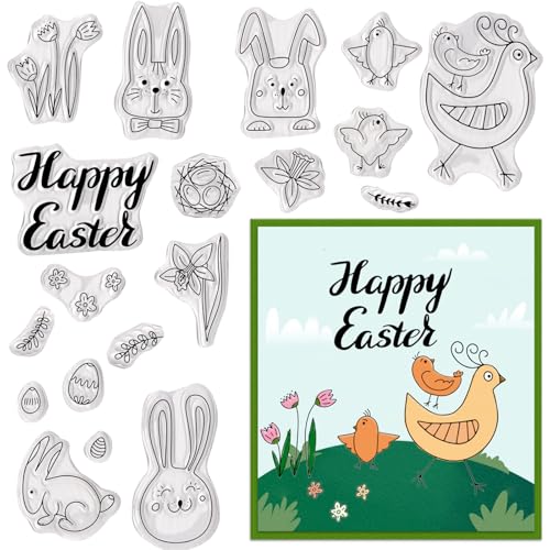 Happy Easter Clear Stamps Set mit Kaninchen, Küken und Blumen, Silikonstempel für DIY-Karten, Scrapbooking, Einladungen, Journaling und Heimdekorationen von Blinket