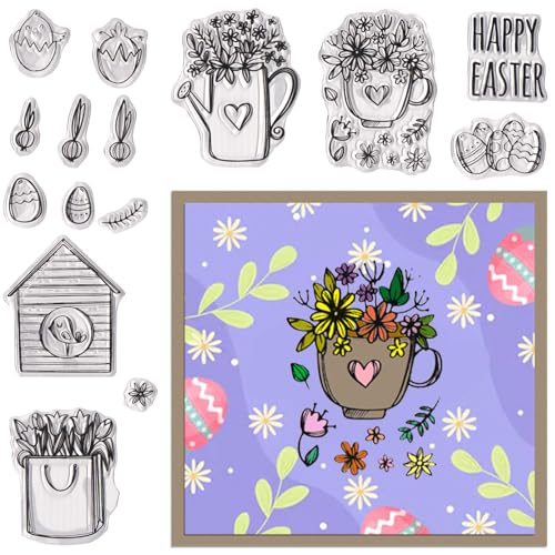 Happy Easter Gardening Theme Clear Stamps for DIY Crafts Bunny and Egg Silicone Stamps for Scrapbooking and Card Making Transparent Rubber Stamps with Floral Patterns von Blinket