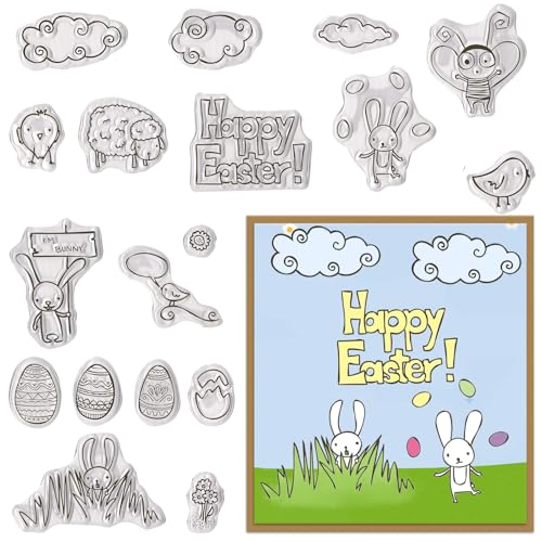 Osterhase Clear Stamps mit Eiern und Frühlingssymbolen, niedlicher Happy Easter transparenter Silikonstempel für DIY Karten Scrapbooking Journals Fotoalben Dekorationen von Blinket