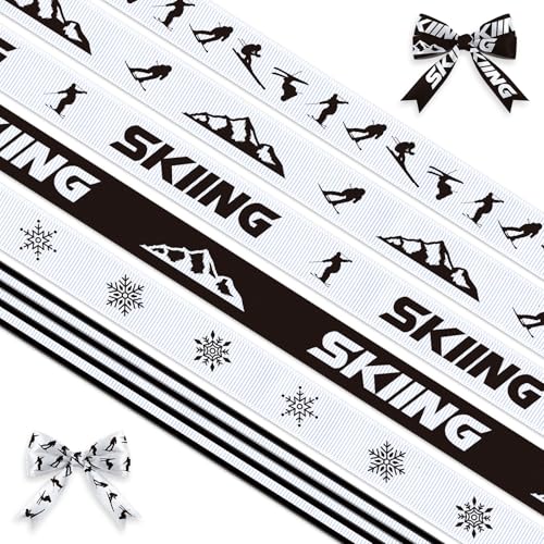 Skiband zum Verpacken von Geschenken, Ski-Themenband mit Skifahrern und Schneeflocke, 2,5 cm breit, Wintersportband für Heimwerker, Basteln, Urlaubsdekoration und Geschenkverpackung, 2,7 m von Blinket