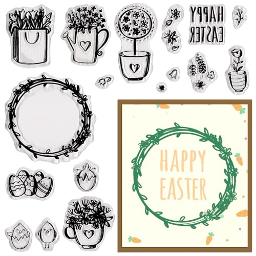 Transparente Stempel mit Osterblumen-Motiv für selbstgemachte Kartenherstellung, Happy Easter Gummistempel mit Küken- und Eiermotiven, transparente Silikonstempel für Scrapbooking und Bastelprojekte von Blinket