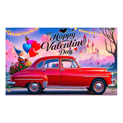 BlissYard Happy Valentine's Day Banner Valentinstag Party Dekorationen Romantischer roter Auto-Valentins-Hintergrund mit Luftballons und Schlosshintergrund, 180 x 109 cm, für Innen- und Außenbereich, von BlissYard