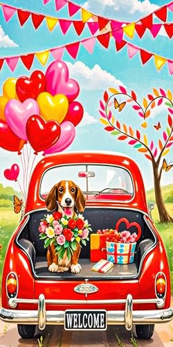 BlissYard Happy Valentine's Day Türabdeckung Banner Romantisches Vintage Auto mit Hund Herz Luftballons Hintergrund Fotografie Hintergrund 70 x 35 Zoll Valentinstag Dekorationen für Party von BlissYard