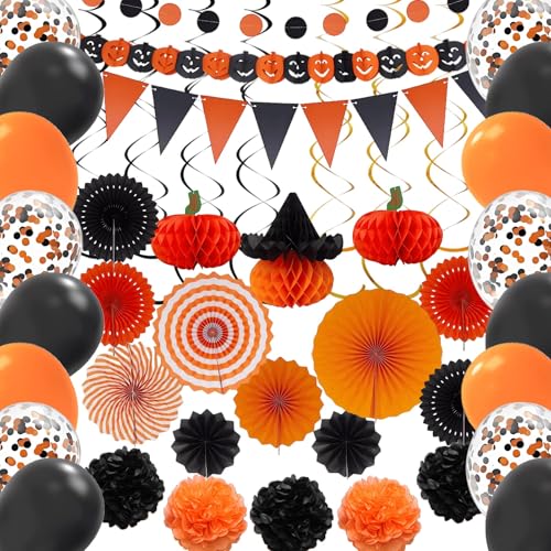 Blisscok 73 Stück Halloween-Dekoration für Partys, 33 Stück, Banner, Papier, Poms, Zubehör, Hängegirlande, Kugeln, geeignet und 40 Stück 30 cm Luftballons, Helium, Halloween-Dekoration von Blisscok