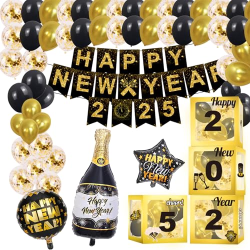 Happy New Year Party Decoration 2025 - Black and Gold Party Balloon Boxes Supplies - Includes Balloon Boxes, Balloon, Light Strings, Banner, Foil Balloon, New Years Eve Decor Kit von Blithely