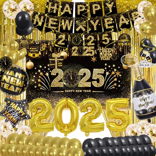 Happy New Year Party Decoration Supplies - 2025 Hintergrund Banner Fransenvorhänge und Folienballon, Fotokabinen-Requisiten, Wirbel, Konfetti, Silvester Schwarz und Gold Dekor Fotografie Hintergründe von Blithely