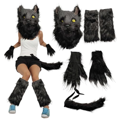 Therian Maske, Halloween Black Cat Kostüm für Erwachsene Frauen mit pelziger Katzenmaske, Katzenpfotenhandschuhe, Katzenschwanz- und Beinwärmer Fuchs Wolf Pelzige Kostüm für Cosplay -Party -Requisite von Blogiiup