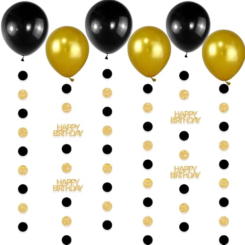 Blopee Goldene und schwarze "Happy Birthday"-Dekorationen, 6 glitzernde Kreis-Punkte-Girlande und 6 goldfarben/schwarze Luftballons für Geburtstagsdekorationen, Ballon-Quastenschwänze von Blopee