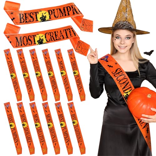 Blosssound 12 Stück Halloween Kürbis Schnitzwettbewerb Schärpen Halloween Kostüm Wettbewerb Auszeichnung Kürbis Hexenhut Kostüm Preise Bänder Schärpe für Halloween Party Supplies 12 Stile von Blosssound