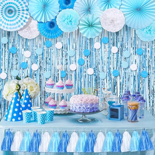 Blosssound 16 Stück blaue Party-Dekorationen enthalten blaue und weiße Folien-Fransenvorhänge, hängende Papierfächer, Pompons, Blumen, Quaste, Girlande, gepunktet, Banner für Jungen, Geburtstag, von Blosssound