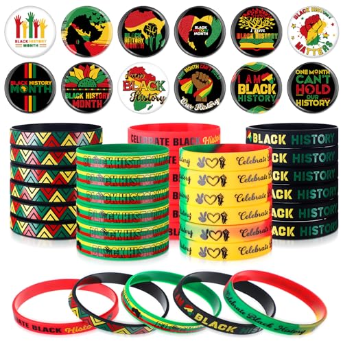 Blosssound 60-teiliges Geschenk-Set mit 30 schwarzen Geschichtsmonats-Gummi-Armbändern, 30 Knöpfen, Abzeichen für Geschenktüten, afrikanische Afro-amerikanische Partyzubehör, BHM-Dekorationen von Blosssound