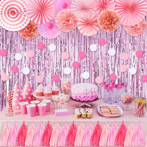 Blosssound Pink Party Decorations Set Included Hot Pink Hanging Paper Fans Pompoms Flowers Tassel Garland Polka Dot Banner Foil Fringe Curtain for Birthday Baby Shower Bachelorette Wedding Decor von Blosssound