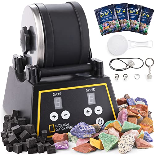 National Geographic Professionelles Rock Tumbler Kit - Rock Polisher für Kinder und Erwachsene, komplettes Rock Tumbler Kit mit haltbarem Becher, Felsen, Körnung und unserem neuen GemFoam Polierer von Blue Marble