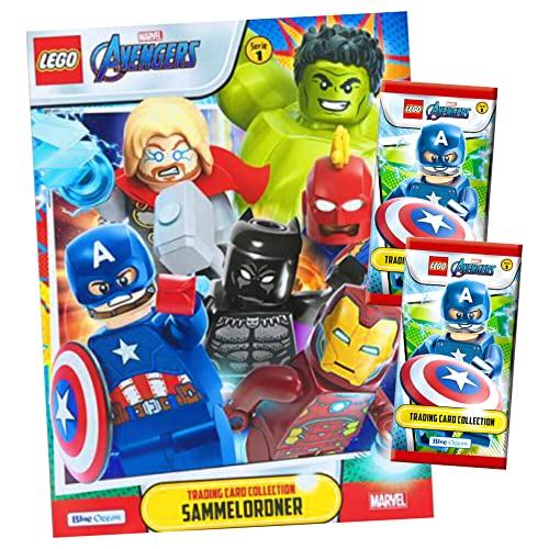 Lego Avengers Karten Trading Cards Serie 1 - Marvel (2023) - 1 Sammelmappe + 2 Booster Sammelkarten Bundle + 10 Originale Hüllen von Blue Ocean / STRONCARD