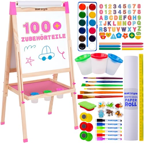 Blue Squid Art-Staffelei für Kinder, inkl. über 100 Zubehörteilen – doppelseitige, verstellbare Malstaffelei aus Holz mit magnetischer Kreidetafel, Whiteboard und Papierrolle (Pink, Deluxe) von Blue Squid