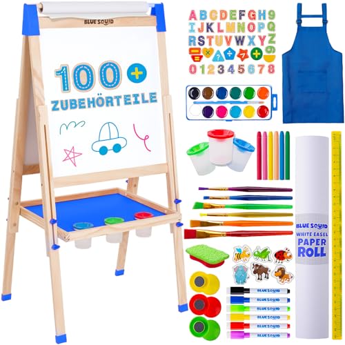 Blue Squid Art-Staffelei für Kinder, inkl. über 100 Zubehörteilen – doppelseitige, verstellbare Malstaffelei aus Holz mit magnetischer Kreidetafel, Whiteboard und Papierrolle (Blau, Deluxe) von Blue Squid