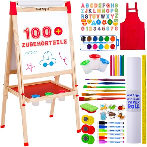 Kunst Staffelei für Kinder mit 100+ Zubehör- Doppelseitige hölzerne Tafel für Kinder mit magnetischer Kreidetafel, abwischbarem Whiteboard & Papierrolle, Kindertafel mit Kreide und Magnet 3-4 4-8 9-12 von Blue Squid