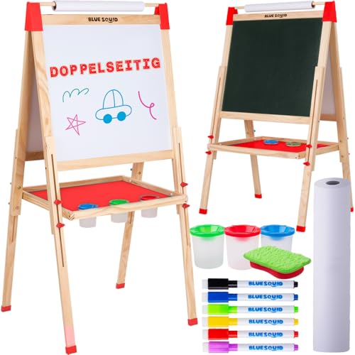 Kunst Staffelei für Kinder mit Zubehör- Doppelseitige hölzerne Tafel für Kinder mit magnetischer Kreidetafel, abwischbarem Whiteboard & Papierrolle, Kindertafel mit Kreide und Magnet 2-4 4-8 9-12 von Blue Squid