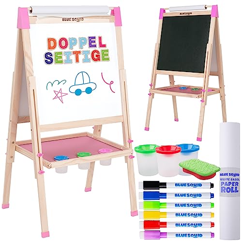 Kunst Staffelei für Kinder mit Zubehör- Doppelseitige hölzerne Tafel für Kinder mit magnetischer Kreidetafel, abwischbarem Whiteboard & Papierrolle, Kindertafel mit Kreide und Magnet 2-4 4-8 9-12 von Blue Squid