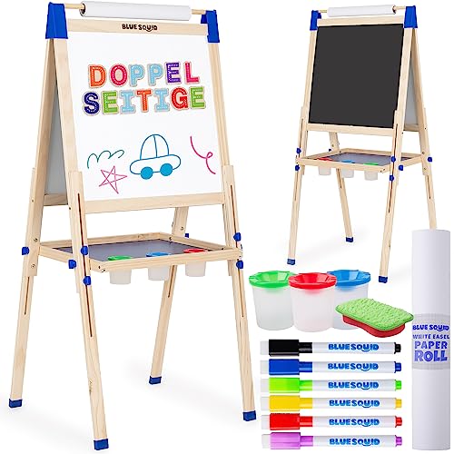 Kunst Staffelei für Kinder mit Zubehör- Doppelseitige hölzerne Tafel für Kinder mit magnetischer Kreidetafel, abwischbarem Whiteboard & Papierrolle, Kindertafel mit Kreide und Magnet 2-4 4-8 9-12 von Blue Squid