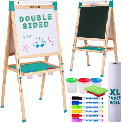 Kunst Staffelei für Kinder mit Zubehör- Doppelseitige hölzerne Tafel für Kinder mit magnetischer Kreidetafel, abwischbarem Whiteboard & Papierrolle, Kindertafel mit Kreide und Magnet 2-4 4-8 9-12 von Blue Squid