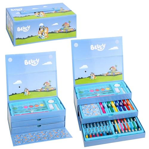 Bluey Kids 52-teiliges Malkunst-Schreibwaren-Set mit Aquarell-Filzstiften, Buntstiften und Bleistiften, Reise-Set für Kinder von BlueY