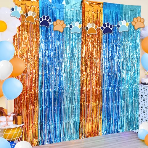 Blaue Hunde-Party-Dekorationen, 4 Stück, 10 x 180 cm, blaue Hunde-Folien-Fransenvorhänge, blaue Hundepfoten-Banner, orange-blaues und hellblaues Lametta-Streamer, Foto-Requisiten für blaue von Bluegogo